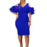 Solid Color V-Neck Ruffled Short Sleeve Slinky Midi Dress