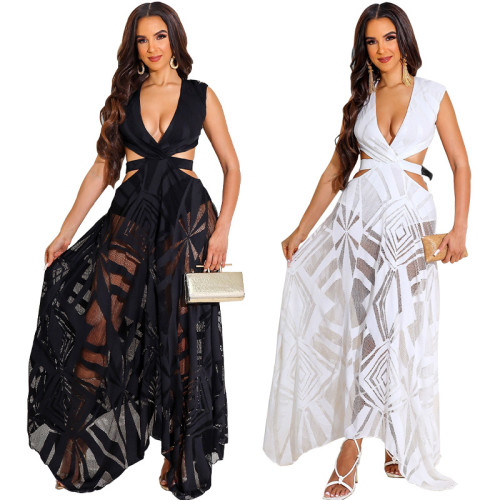 Hollow Out Open Back V-Neck Mesh Sleeveless Maxi Dress