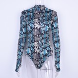 Snake Skin Print Long Sleeve Turtleneck Bodysuit