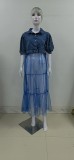 Trendy Mesh Splcing Long Blue Denim Dress