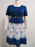 Plus Size O-Neck Short Sleeves Print Patchwork Midi Dress