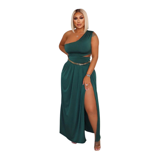 Solid One Shoulder Crop Top and Slit Ruched Long Skirt Two Piece Set（without Belt）