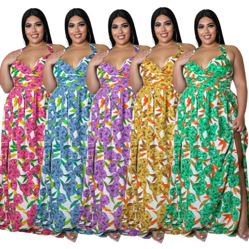 Summer Print Floral Halter Plus Size Maxi Dress