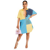 Multicolor Patchwork Button Up Slit Blouse Dress with Pockets