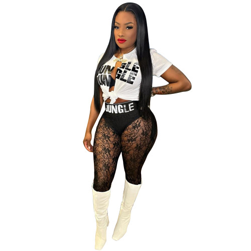 Print Letter Slit Front T-Shirt and See Through Mesh Leggings Two Pieces
