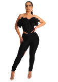 Combination Strapless Crop Top and Hollow Out Pant 2PCS Set