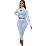 Letter Print Long Sleeve Turtleneck Fitted Top And Pant 2PCS Set