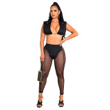 Sexy See Through Mesh High Waist Leggings with Sleeveless Short Top Two-piece Set