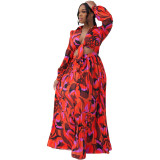 Sexy Long Sleeve Tie Front Hollow Slit Print Pleated Maxi Dress