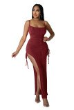 Sexy Solid Color Slit Irregular Straps Ruched Maxi Dress