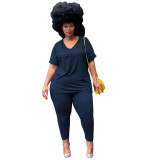 Plus Size Short Sleeves V-Neck Shirt and Tight Pants 2PCS Set