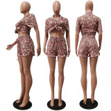 Print Silk Short Sleeves Blouse and Drawstring Shorts 2PCS Set