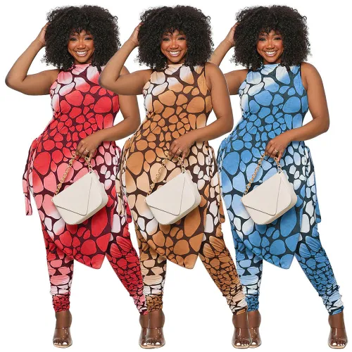 Plus Size Print Sleeveless Slit Long Top and Tight Pants 2PCS Set