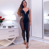 Mesh Splicing V-Neck Open Back Cami Jumpsuit