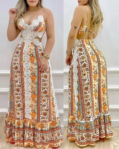Lace Trim Print Cut Out Cami Maxi Dress