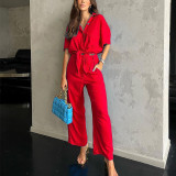 Button Up Short Sleeves Blouse and Wide-Leg Pants  2PCS Set