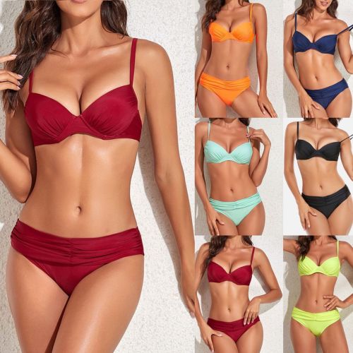 Solid Underwired Push Up Ruched Bikini Set