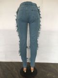 Blue Ripped Fringe Distressed Skinny Jeans