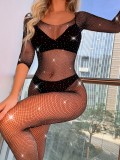 Black Mesh Crotchless One Piece Pantyhorse Body Stocking Lingerie