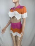 Patchwork Kintted Short Sleeves Crop Top and Mini Skirt 2PCS Set
