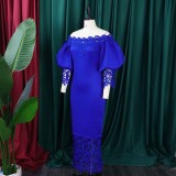 Solid Off Shoulder Lace Panel Balloon Sleeve Long Party Dress