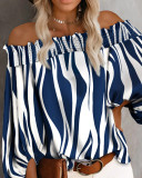 Striped Off Sholder Shirred Bubble Sleeve Blouse