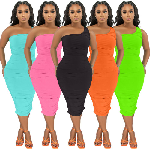 Solid Color One Shoulder Ruched Bodycon Midi Dress