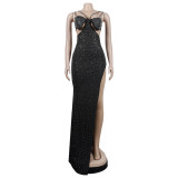 Black Beaded Rhinestone Cami High Slit Evening Dress
