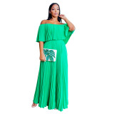 Off Shoulder Solid Ruffle Pleated Maxi Dress