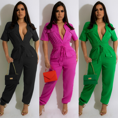 Short Sleeve Turndown Collar Cargo Blouson Jumpsuit