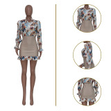 Floral Print Patchwork Long Sleeves Ruffle Mini Bodycon Dress