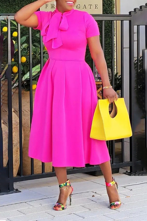 Hot Pink Short Sleeve Knotted Long Dress