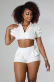 Solid Short Sleeve Ruched Crop Top and Shorts  2PCS Set