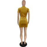 Velvet Turndown Collar Button Short Sleeve Mini Blouse Dress