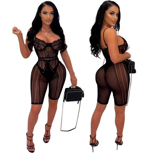 Black Lace See Through Cami Bodycon Jumpsuit