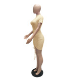 Short Sleeve Turtleneck Tight Mini Drawstring Dress