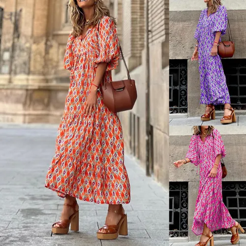 Print Long Sleeves Loose Maxi Dress