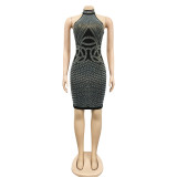 Beaded Rhinestone High Neck Bodycon Dress