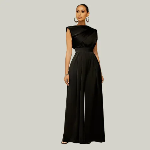 Black Round Neck Shirring Sheath Jumpsuit