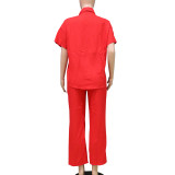 Button Up Short Sleeves Blouse and Wide-Leg Pants  2PCS Set