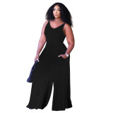 Pure Color V-Neck Sleeveless Wide Leg Jumpsuit with Pockets