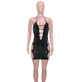 Black Hollow Out Backless Rhinestone Cami Halter Dress