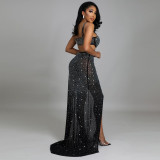 Black Beaded Rhinestone Cami High Slit Evening Dress