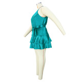 Plus Size Silk Halter Neck Ruffles Mini Dress