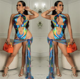 Print  Cut Out Bobysuit Swimsuit and Cover-Up 2PCS Set