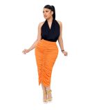 Solid Color Ruched Bodycon Midi Skirt