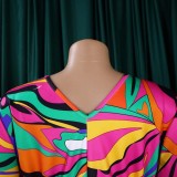 Colorful Print V-neck Elegant Tassel Bodycon Dress with Belt