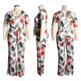 Plus Size Print Wrap Belted Jumpsuit