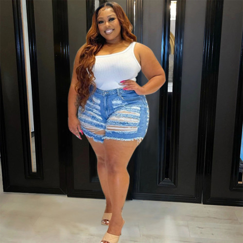 Plus Size High Waist Zip Fly Ripped Jeans Shorts