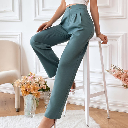 Green High Waist Zip Fly Loose Straight Trousers